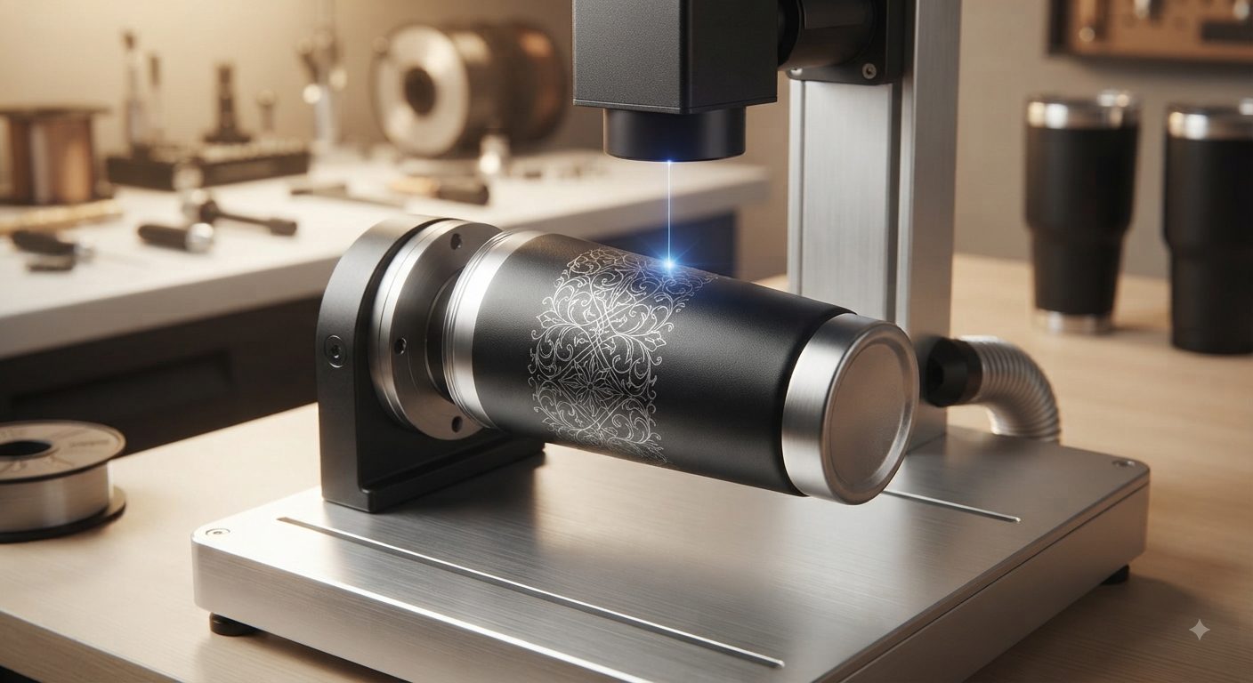 Laser engraving a personalized pattern onto a tumbler in-store