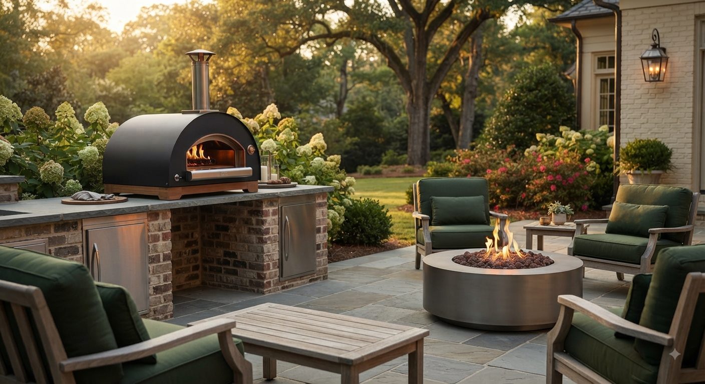 Outdoor pizza oven and fire pit on a garden patio