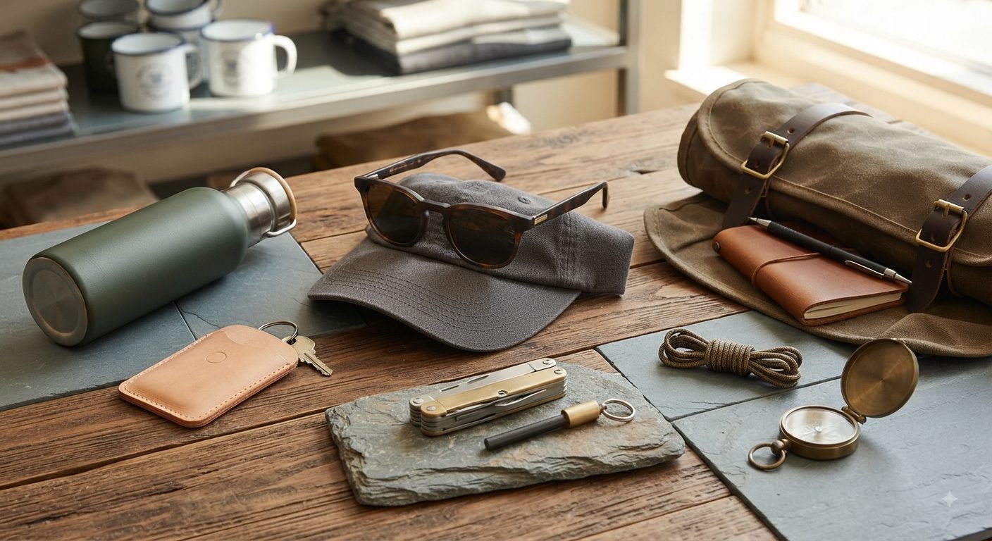Coolers, drinkware, and gifts laid out on a wood table