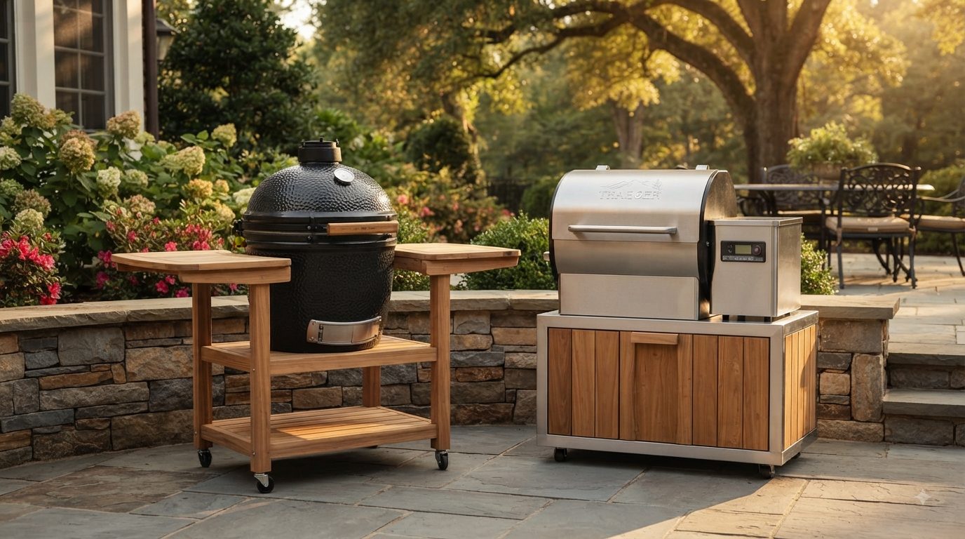 Kamado and pellet grills on a stone patio