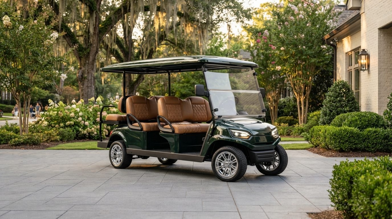 Street-legal golf cart parked in a Roswell driveway